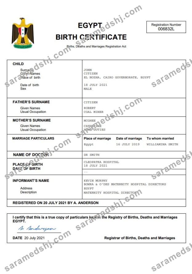 Egypt birth certificate Word and PDF template